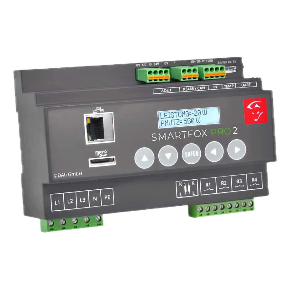 Smartfox PRO 2 Energiemanager für die Hutschiene schräg von vorn mit Display, Bedientasten und Anschlussklemmen