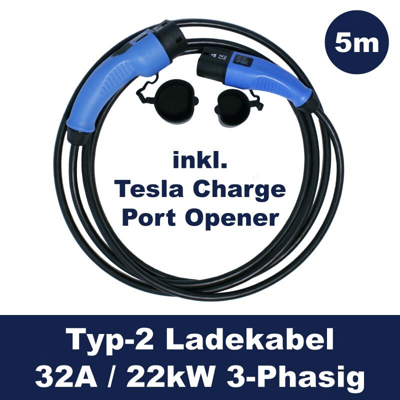 Ladekabel Typ2 inkl. Tesla Charge Port Openener <small>32A - 22kW - 3-Phasig - 5m</small>