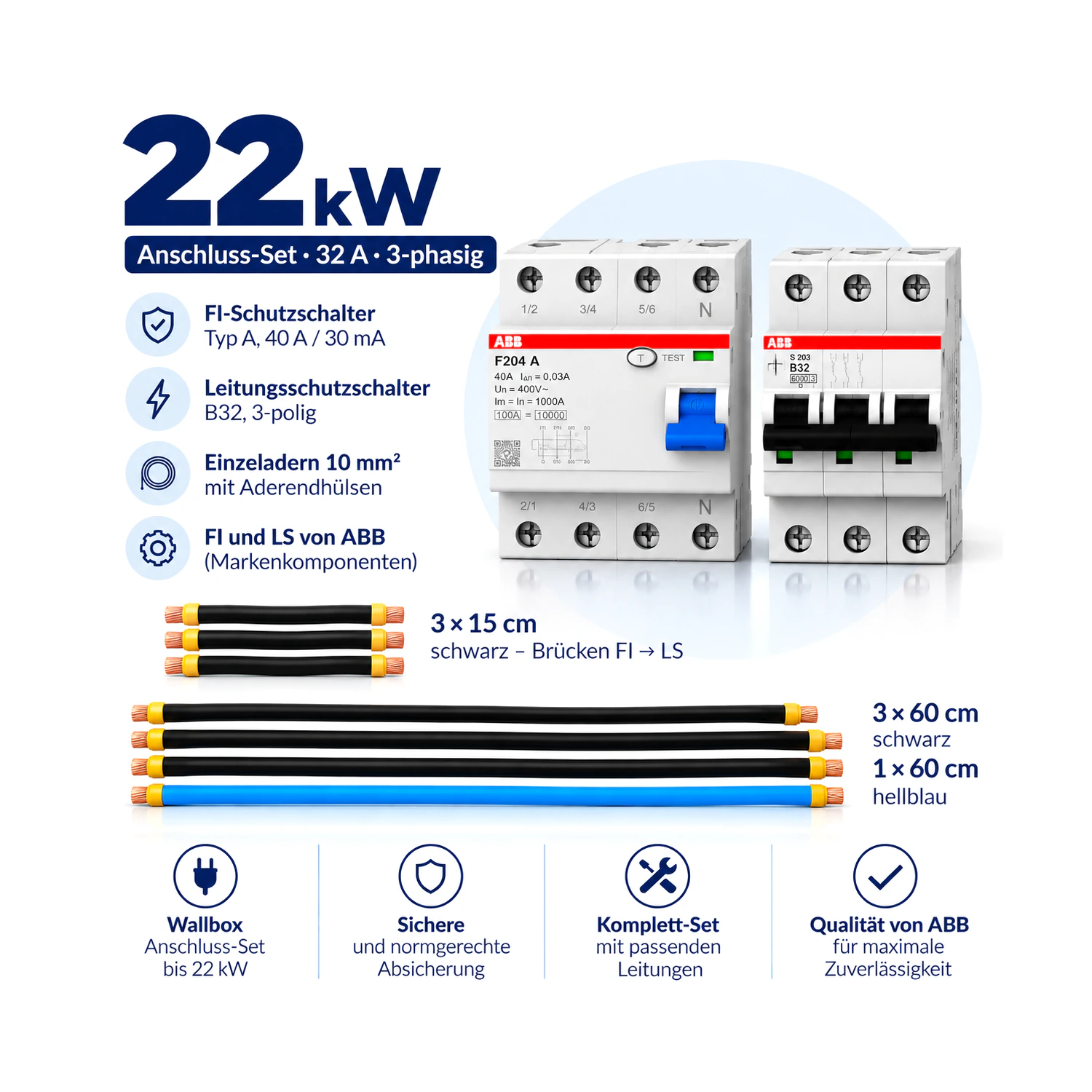 Wallbox-Anschluss-Set 22 kW, 32 A, 3-phasig: ABB FI-Schutzschalter F204 A 40 A / 30 mA, ABB Leitungsschutzschalter S203 B32 3-polig und Einzeladern 10 mm² mit Aderendhülsen (3 × 15 cm schwarz, 3 × 60 cm schwarz, 1 × 60 cm hellblau)